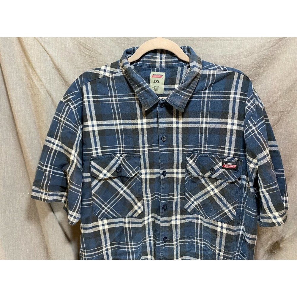 Dickies Button Up Shirt‎ Adult 2XL Blue White Black Plaid Casual Mens. - Picture 2 of 9